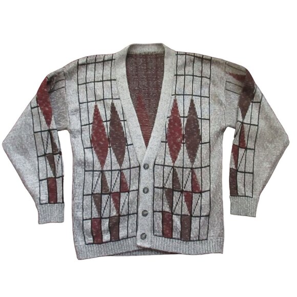 Vintage Men's Cardigan Sweater Large 1990's Ugly Geometric Silver Rayon/Cotton - Picture 4 of 9
